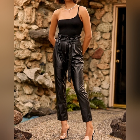 Lulus Real Time Black Vegan Leather Paperbag Waist Trouser Pants - Picture 3 of 13